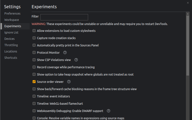 experiments tab in chrome devtools settings interface