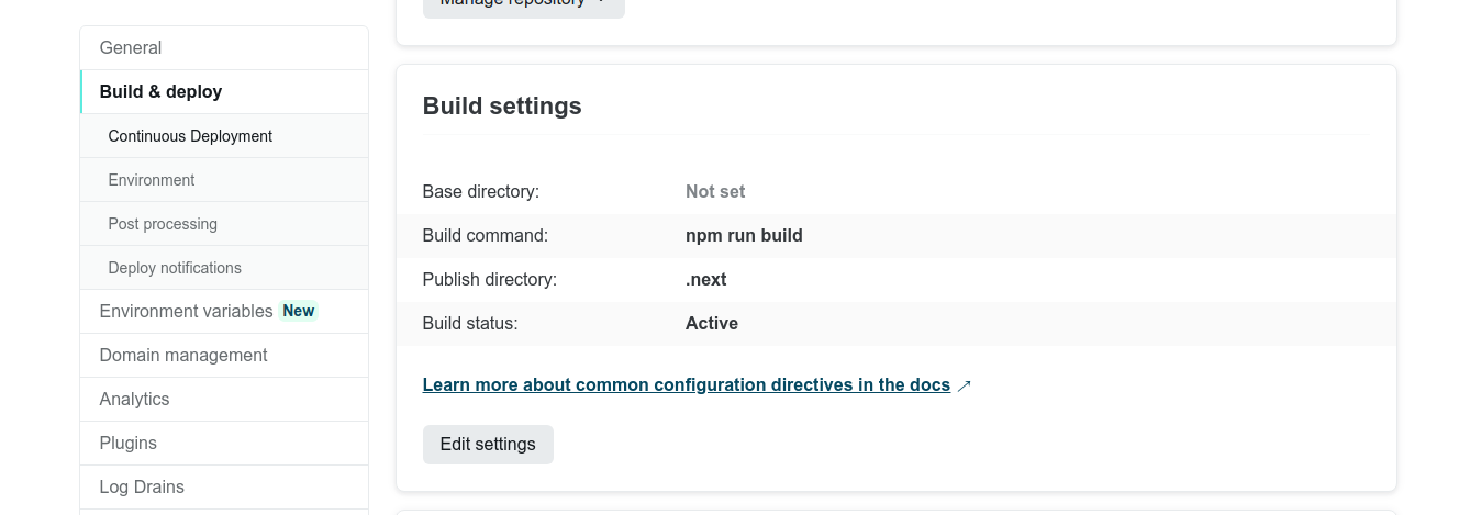 netlify dashboard showing build settings and publish directories