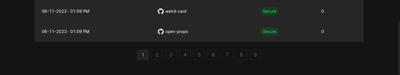gitsecure dashboard showing a two repositories: weird-card and open-props accompanied by a pagination component