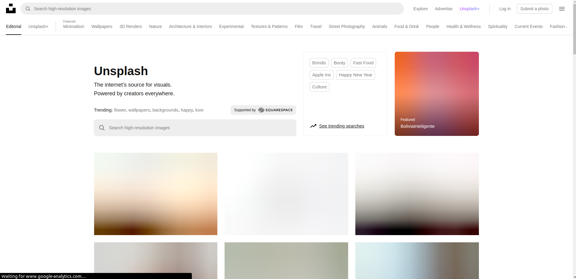 Unsplash homepage with blurred images